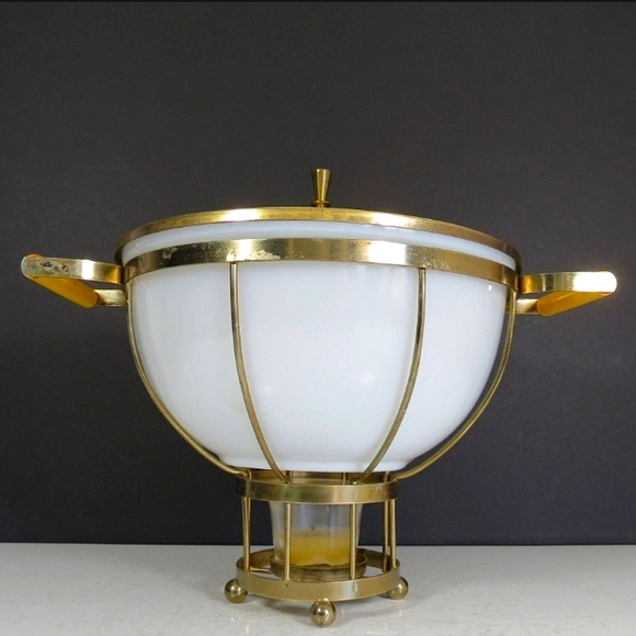Rare Fire King Serving Bowl with Brass Lid & Tureen Style Warming Stand - Picture 3 of 12